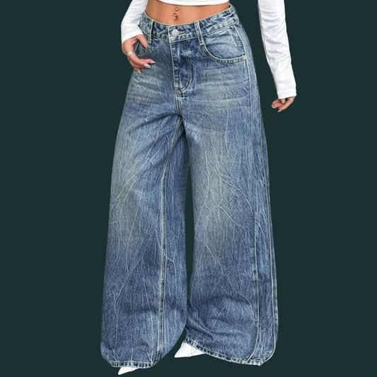 Daria – luźne dżinsy typu wide leg z efektem marmurkowym