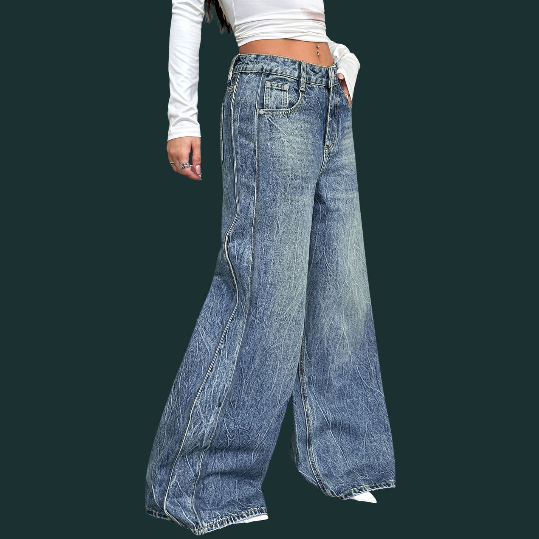 Daria – luźne dżinsy typu wide leg z efektem marmurkowym