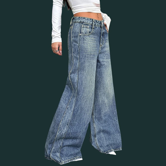 Daria – luźne dżinsy typu wide leg z efektem marmurkowym