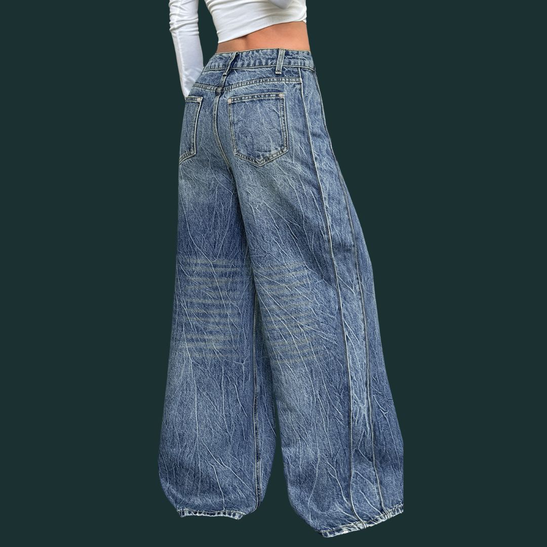 Daria – luźne dżinsy typu wide leg z efektem marmurkowym